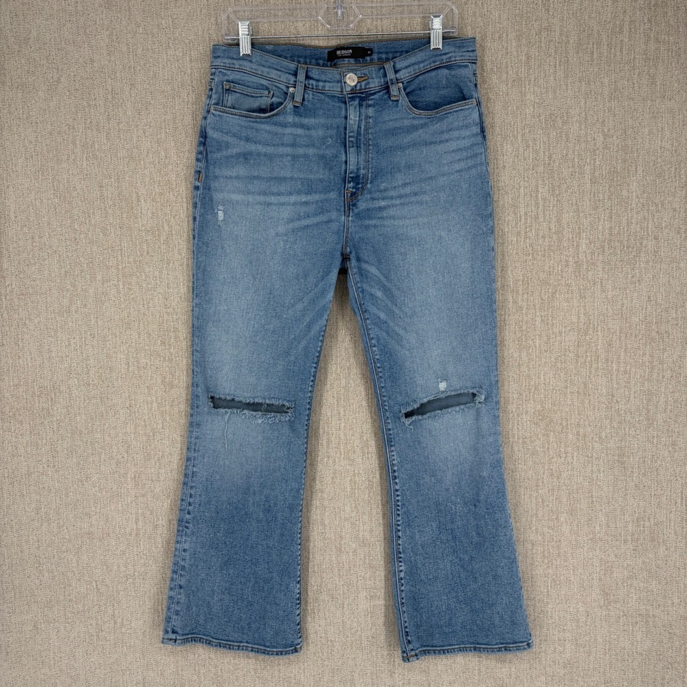 Hudson Holly High Rise Flare Jeans 31 Blue Distressed Knee Cutouts Denim Stretch